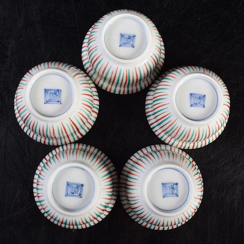 煎茶道具　京焼　土山恭仙作　色絵十草　小蓋碗　五客　時代箱付　V　R9629