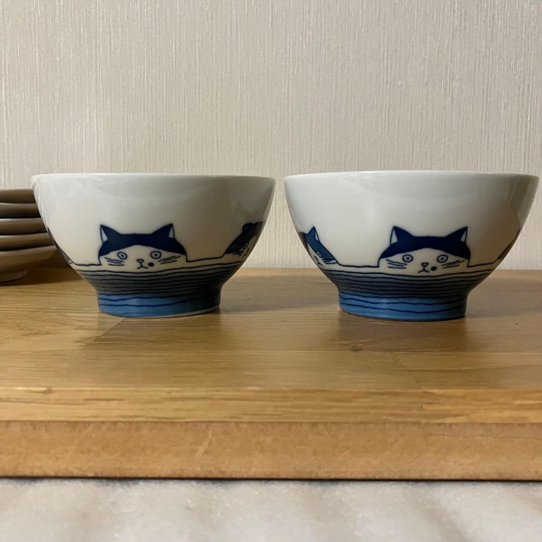 猫柄　ご飯茶碗　小皿　セット