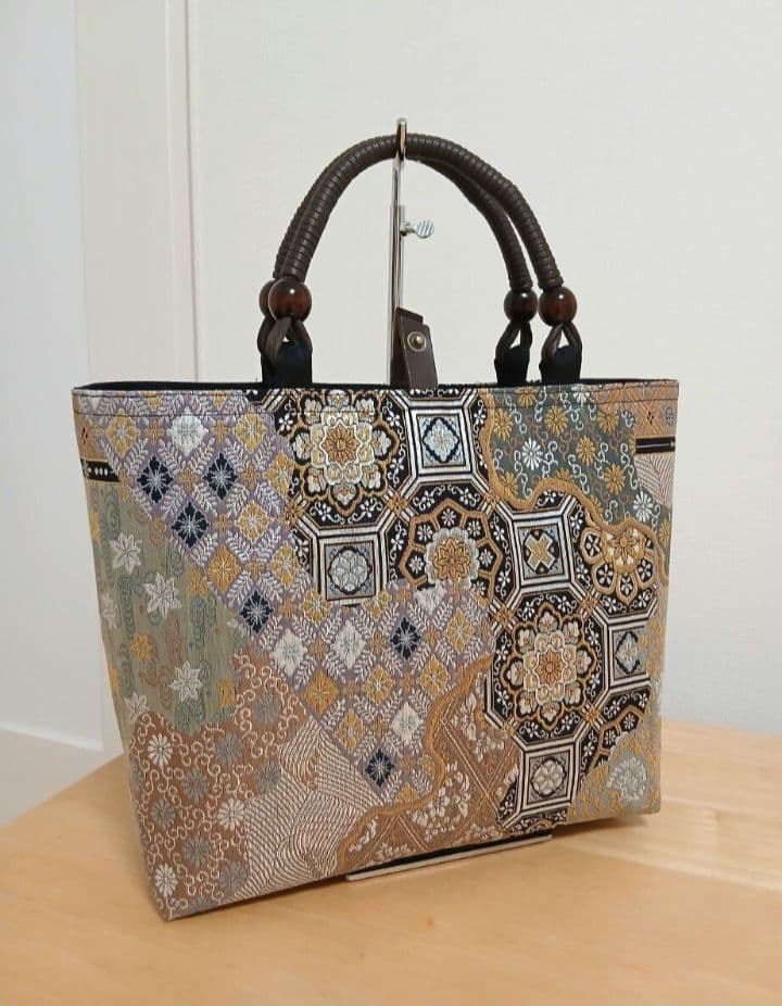 帯リメイクバッグ★ハンドメイド★蜀江華文 波 箔 金銀糸 灰緑 正絹、