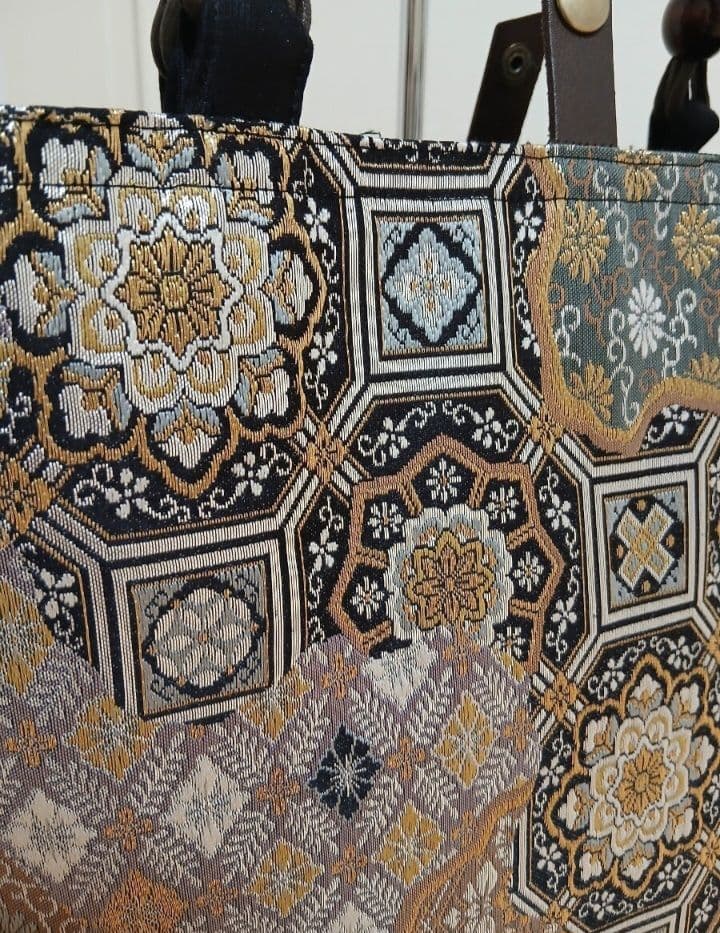 帯リメイクバッグ★ハンドメイド★蜀江華文 波 箔 金銀糸 灰緑 正絹、