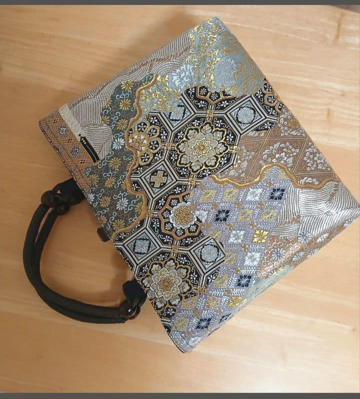 帯リメイクバッグ★ハンドメイド★蜀江華文 波 箔 金銀糸 灰緑 正絹、