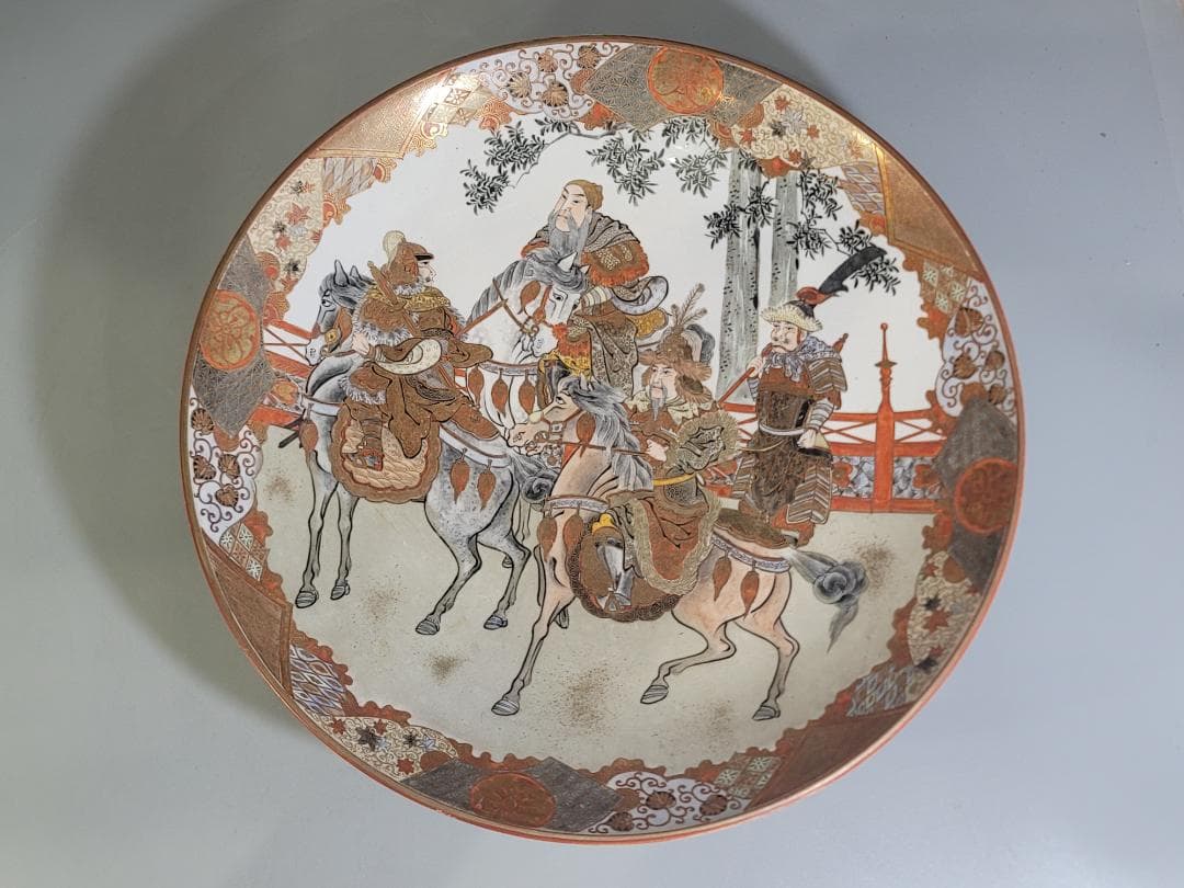 九谷 金彩赤絵 細密 武者絵 一対 幅37 cm 明治時代 DT395