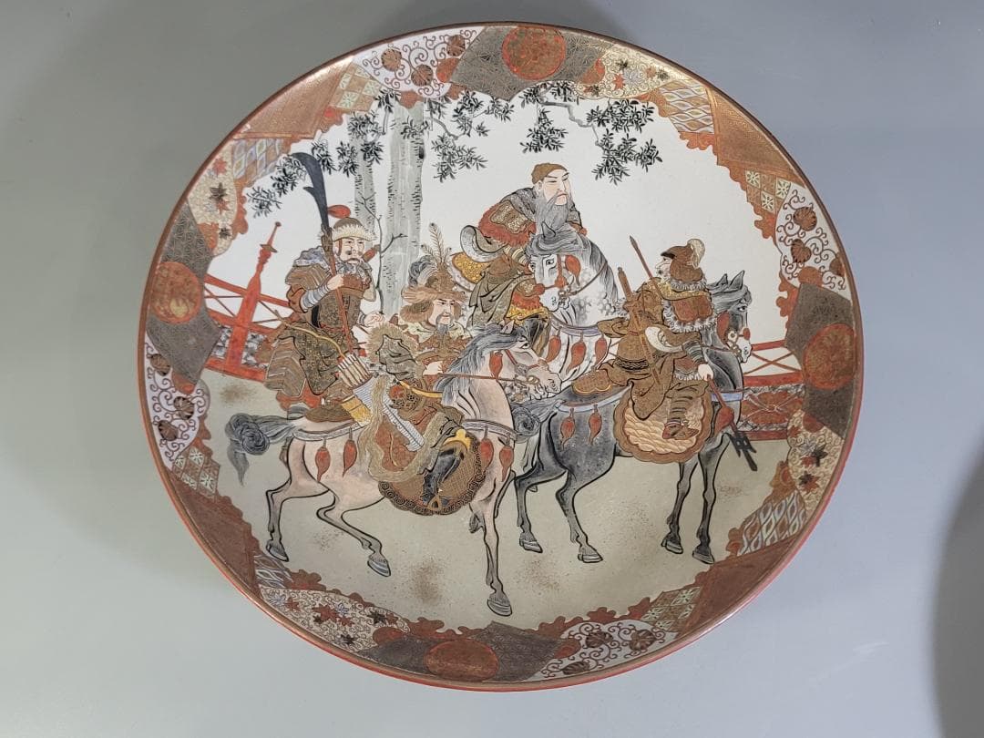 九谷 金彩赤絵 細密 武者絵 一対 幅37 cm 明治時代 DT395