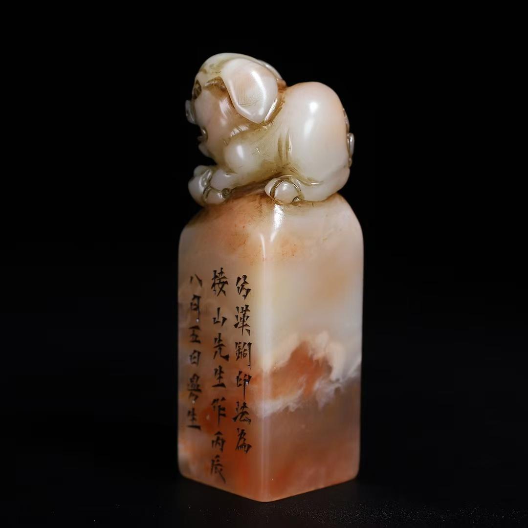 中国古美術 旧蔵 寿山芙蓉凍石〈祝福〉福猪鈕 印章 篆刻 印材 印鑑 文房置物