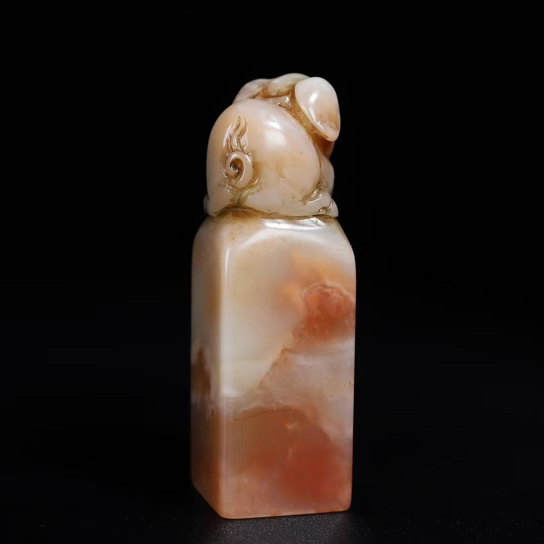 中国古美術 旧蔵 寿山芙蓉凍石〈祝福〉福猪鈕 印章 篆刻 印材 印鑑 文房置物