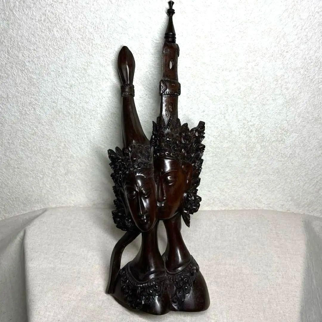 【素敵】木製彫刻 二面の顔　アンティーク古代物　高さ36cm