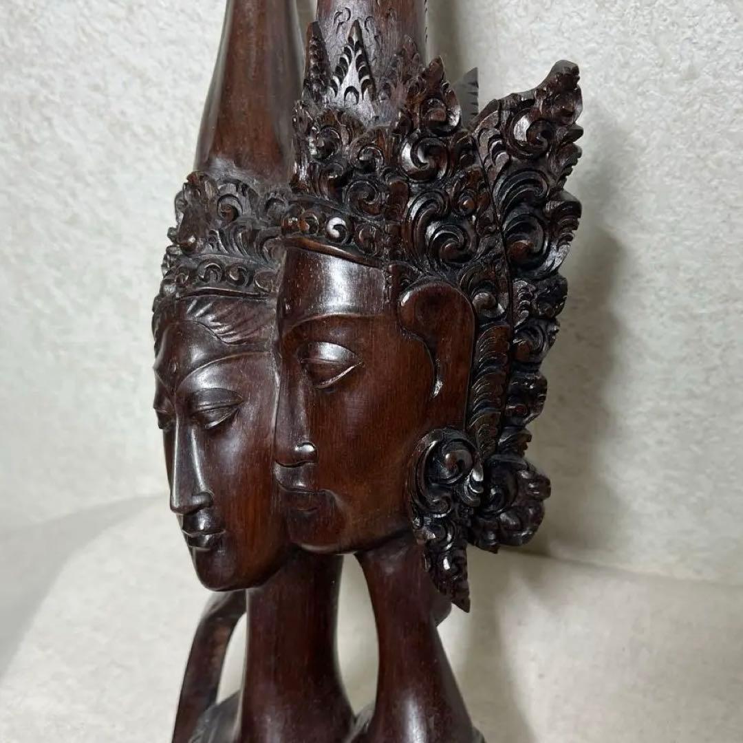 【素敵】木製彫刻 二面の顔　アンティーク古代物　高さ36cm