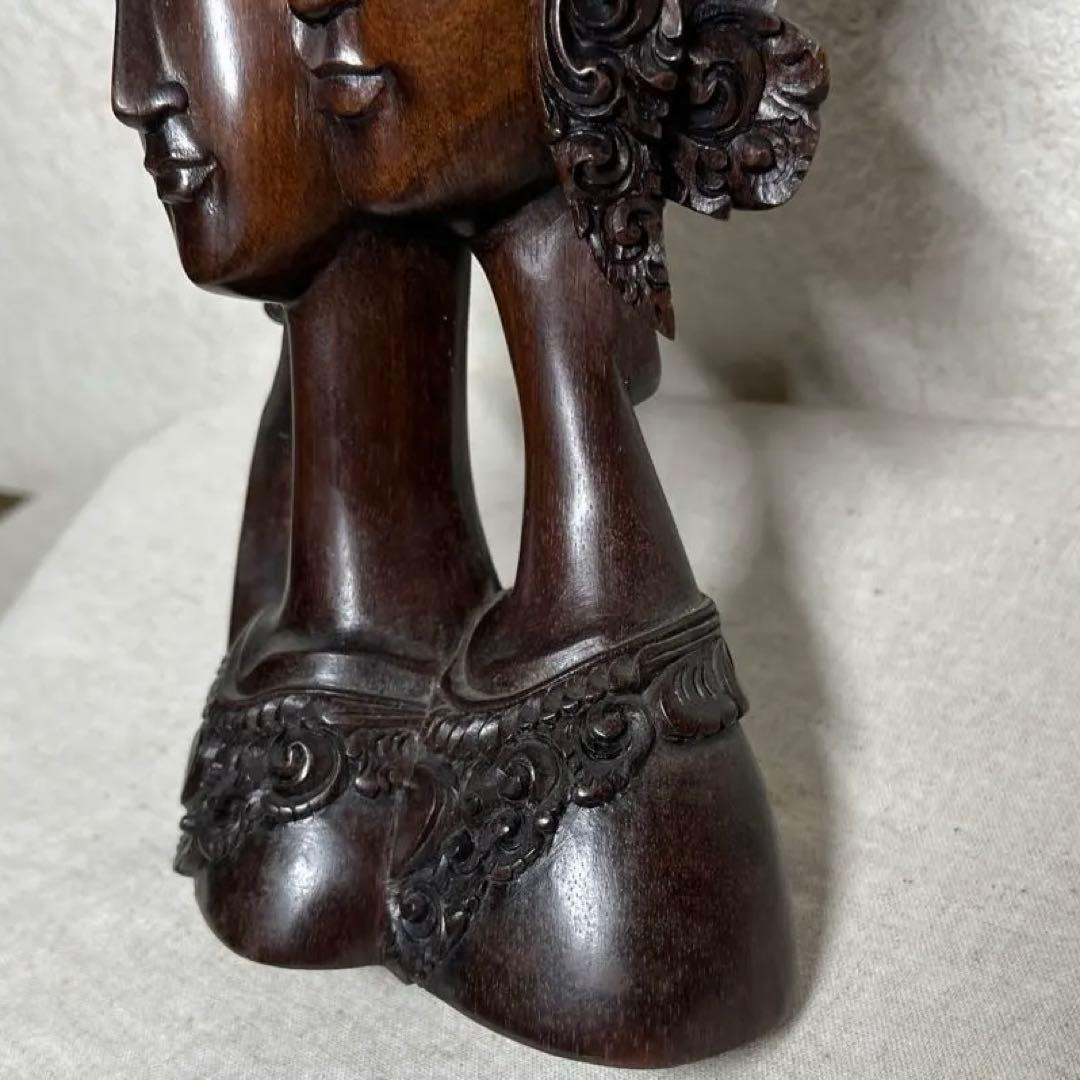 【素敵】木製彫刻 二面の顔　アンティーク古代物　高さ36cm