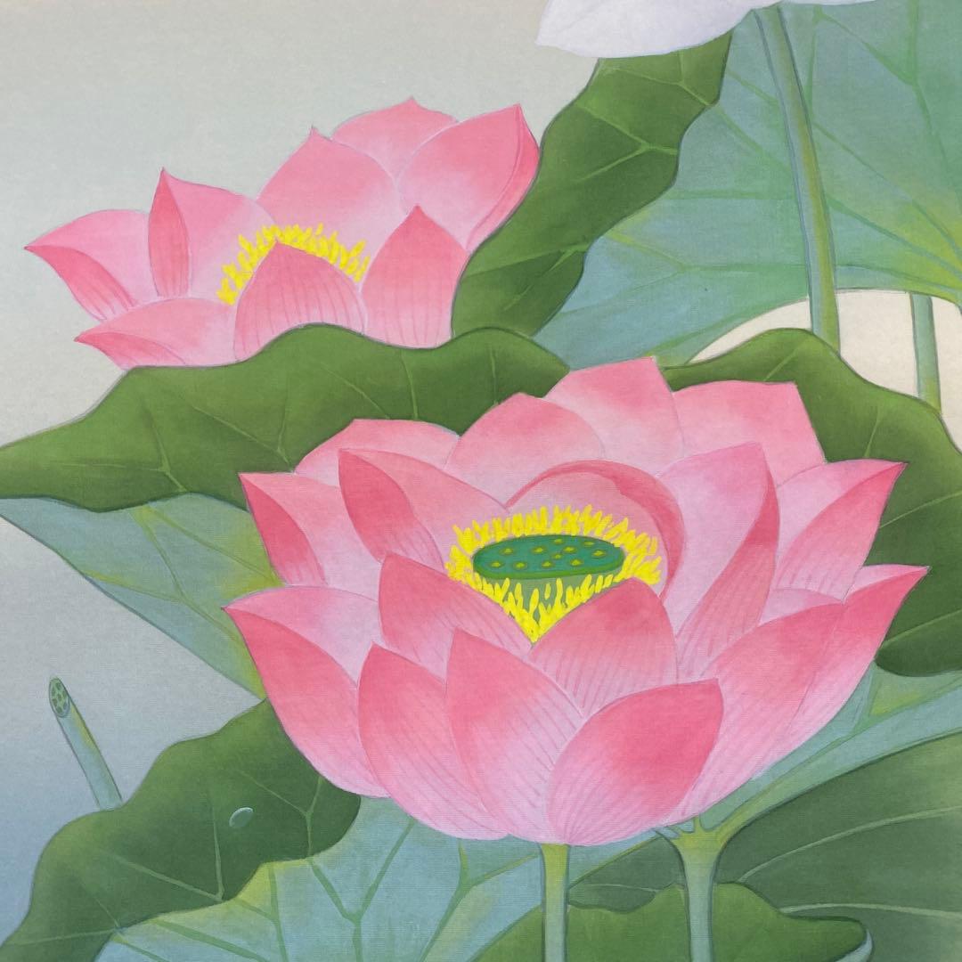 美品 掛け軸 八代玲華作 清蓮図 共箱 仏画 法要 年中掛け