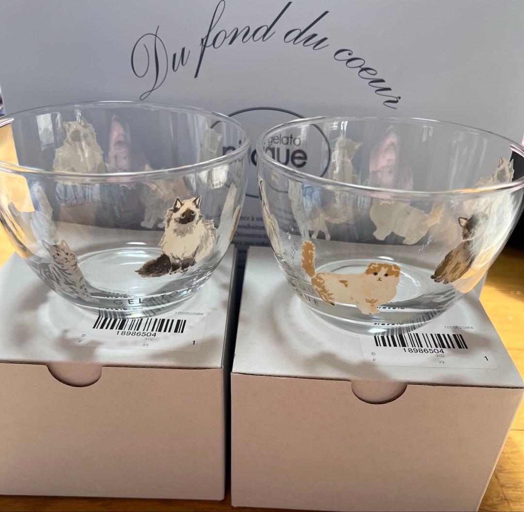 ジェラートピケ ★猫ちゃん★ボウル2つセット★モチーフボウル★ガラス★ジェラピケ
