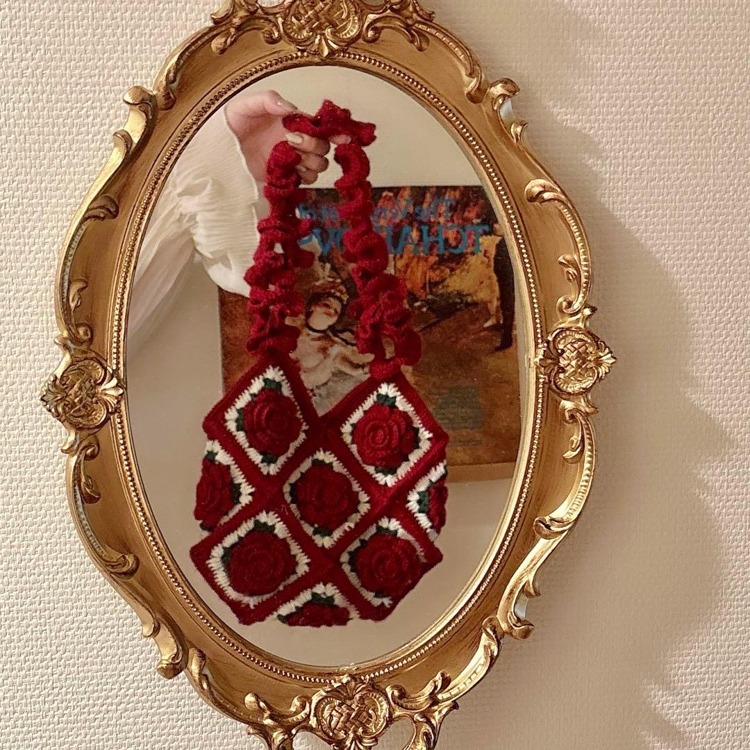 薔薇 フリル ニット トート バッグ 編み物 フラワー 赤 ガーリー 韓国