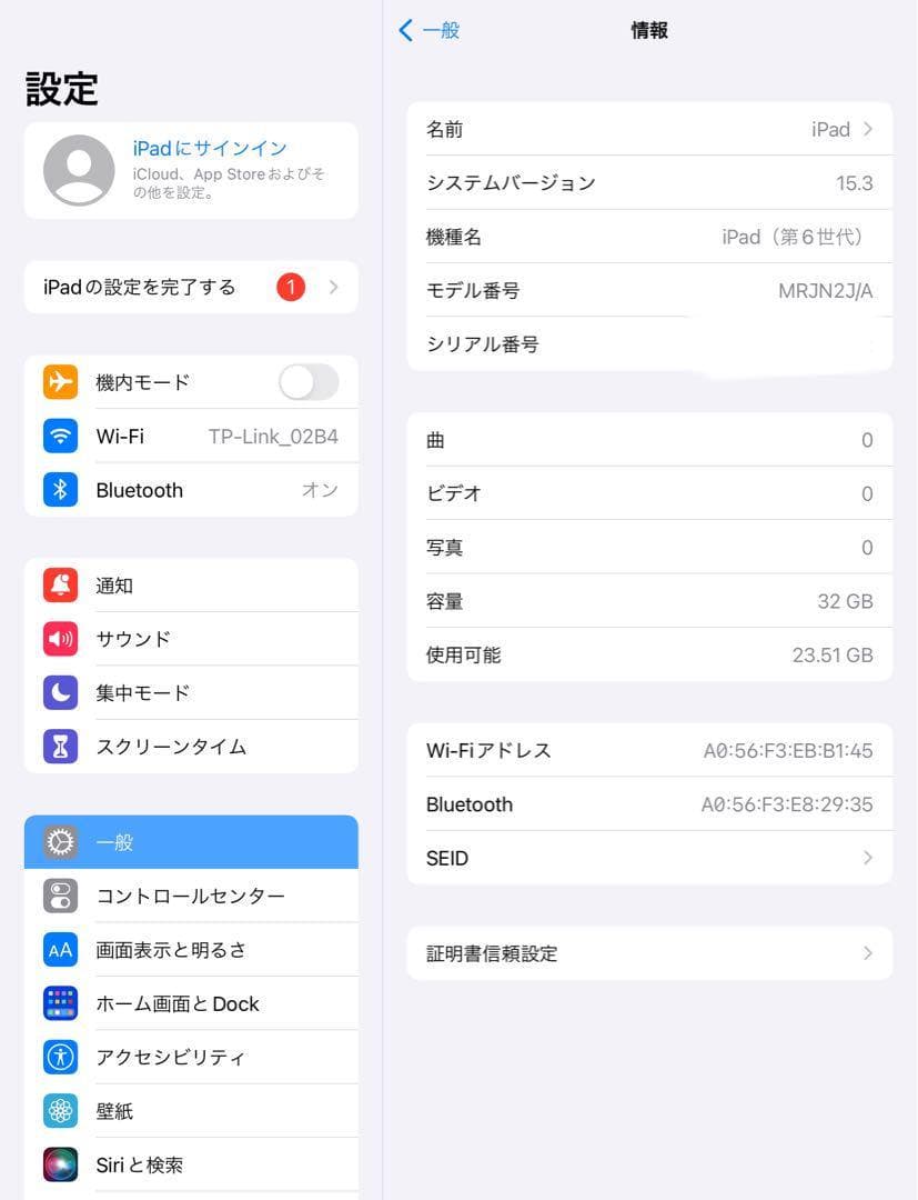 良品 iPad 第6世代 32GB wifiモデル　管理番号：194