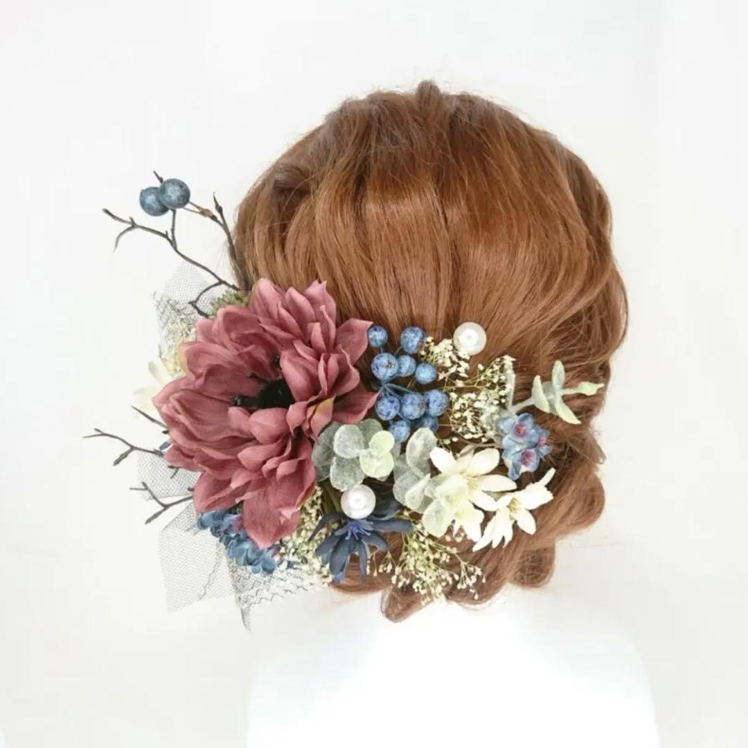 アネモネとデージーとベリーのヘッドドレス ウェディング 成人式 卒業式 モーブ