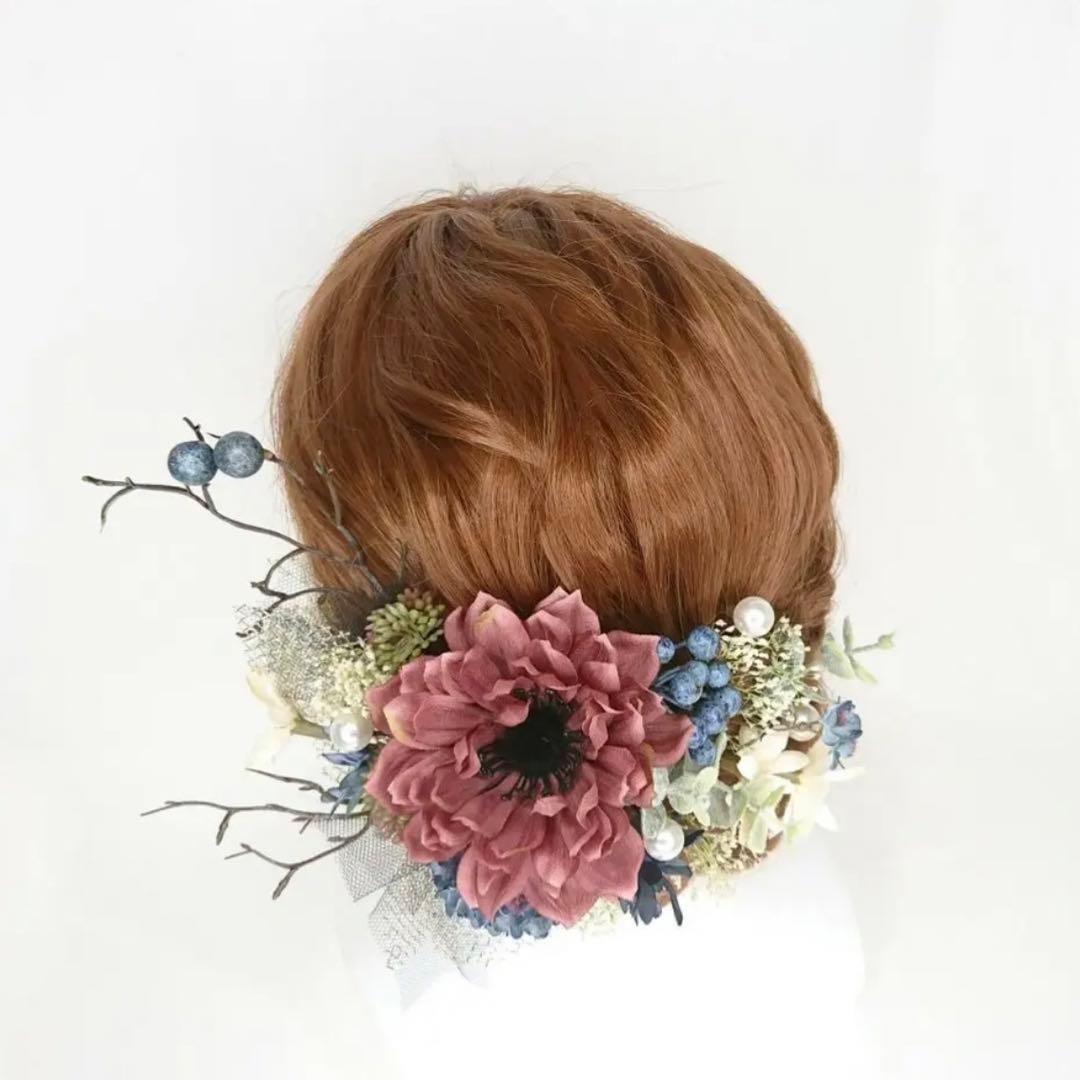 アネモネとデージーとベリーのヘッドドレス ウェディング 成人式 卒業式 モーブ