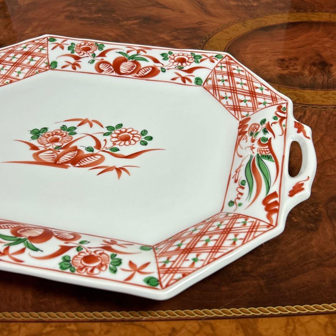 有田焼　赤絵花鳥　オードブル皿　取手付　大皿　八角皿　色絵　盛皿　正月　古伊万里