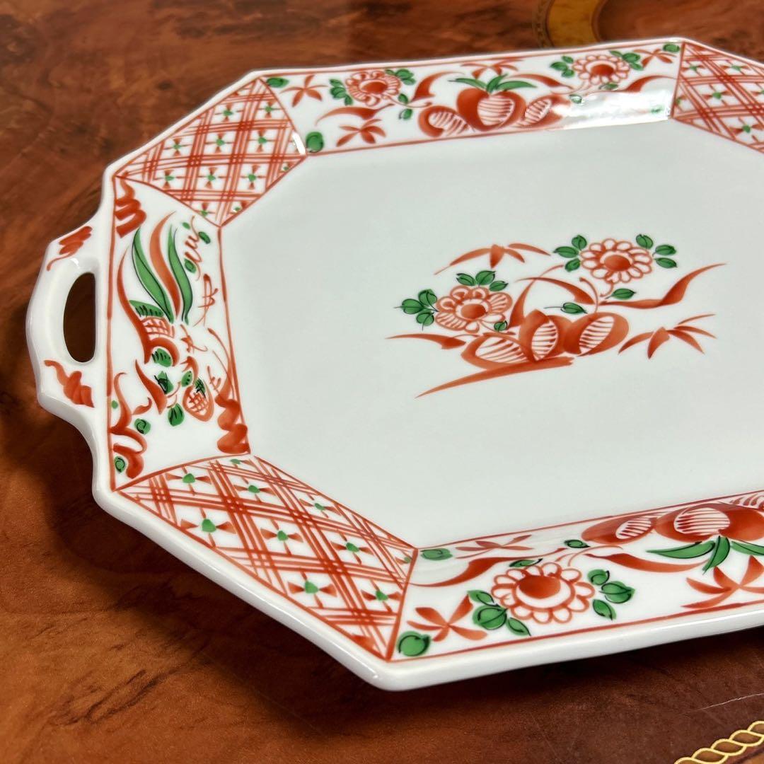 有田焼　赤絵花鳥　オードブル皿　取手付　大皿　八角皿　色絵　盛皿　正月　古伊万里