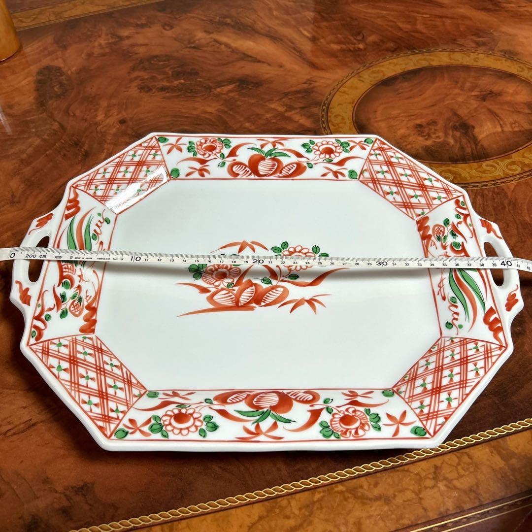 有田焼　赤絵花鳥　オードブル皿　取手付　大皿　八角皿　色絵　盛皿　正月　古伊万里