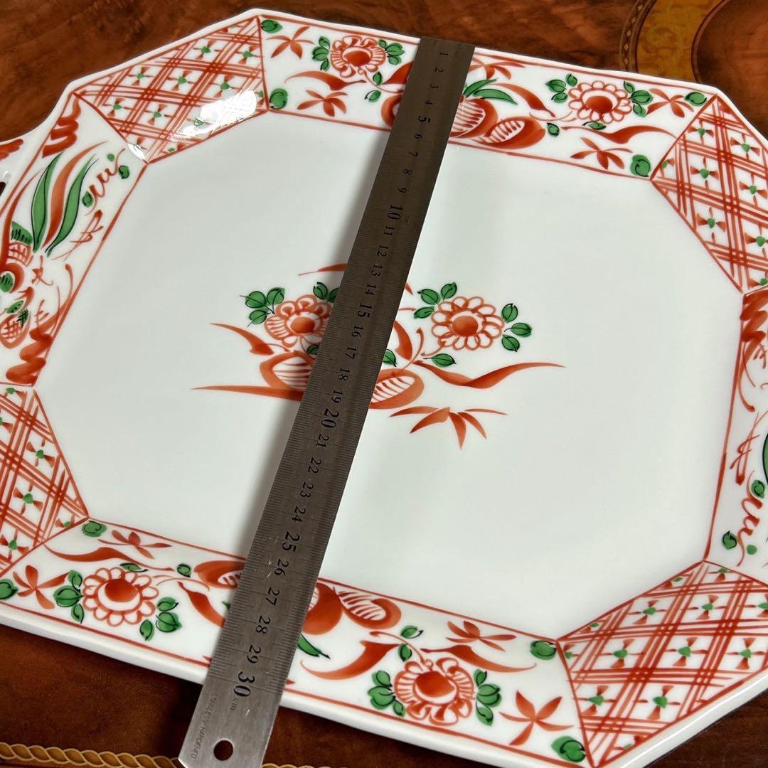 有田焼　赤絵花鳥　オードブル皿　取手付　大皿　八角皿　色絵　盛皿　正月　古伊万里