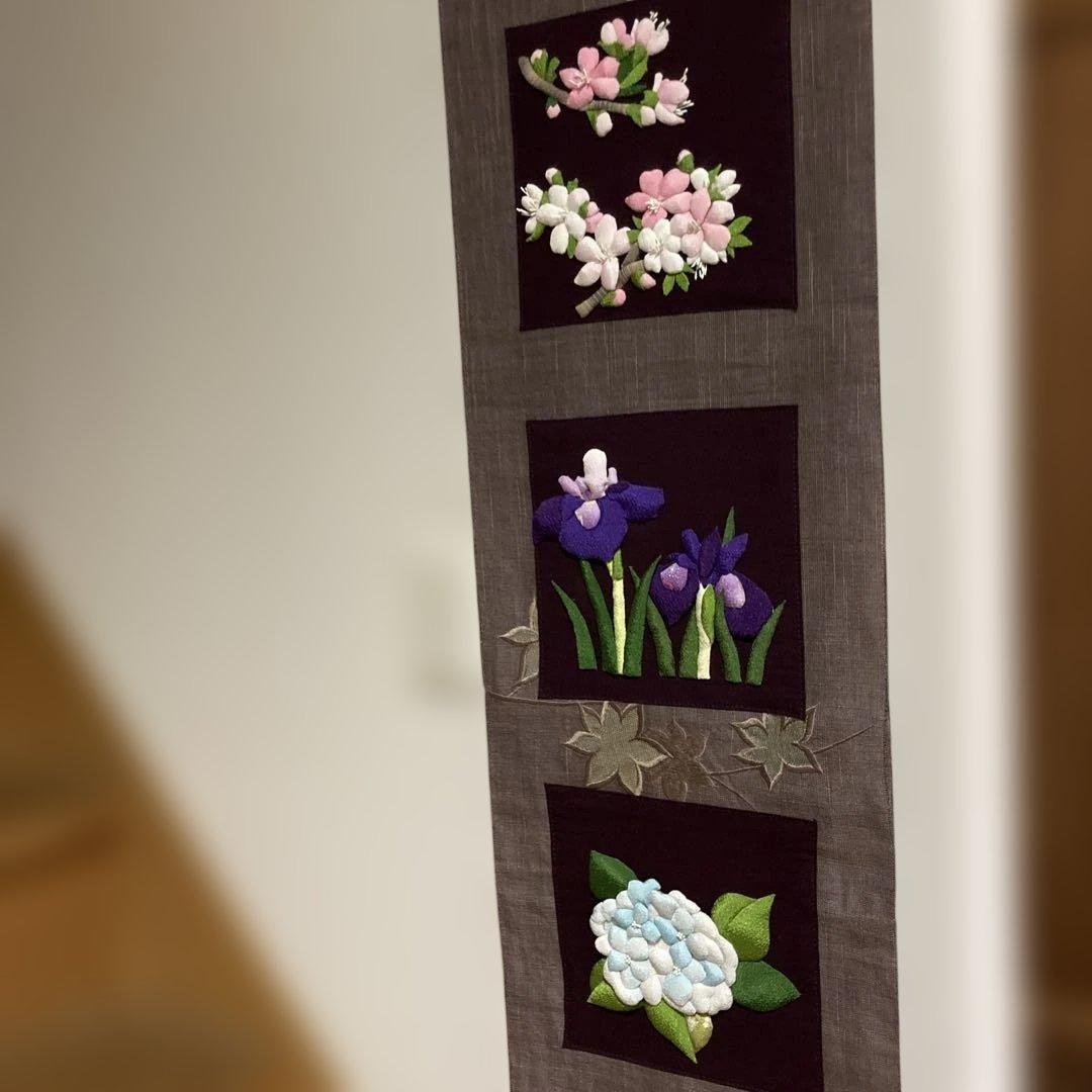 ちりめん細工　押絵タペストリー　桜　菖蒲　紫陽花の花の押絵