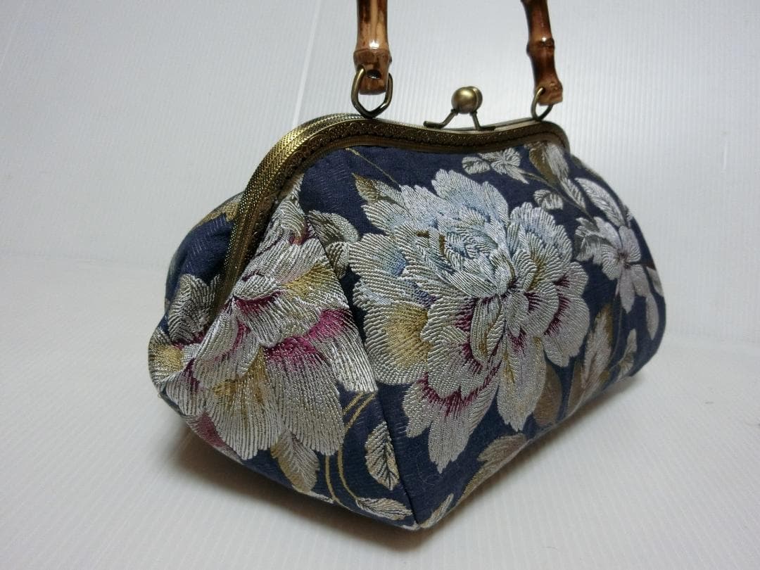 ハンドメイド 見事な織り模様 バンブー持ち手 ハンドバッグ