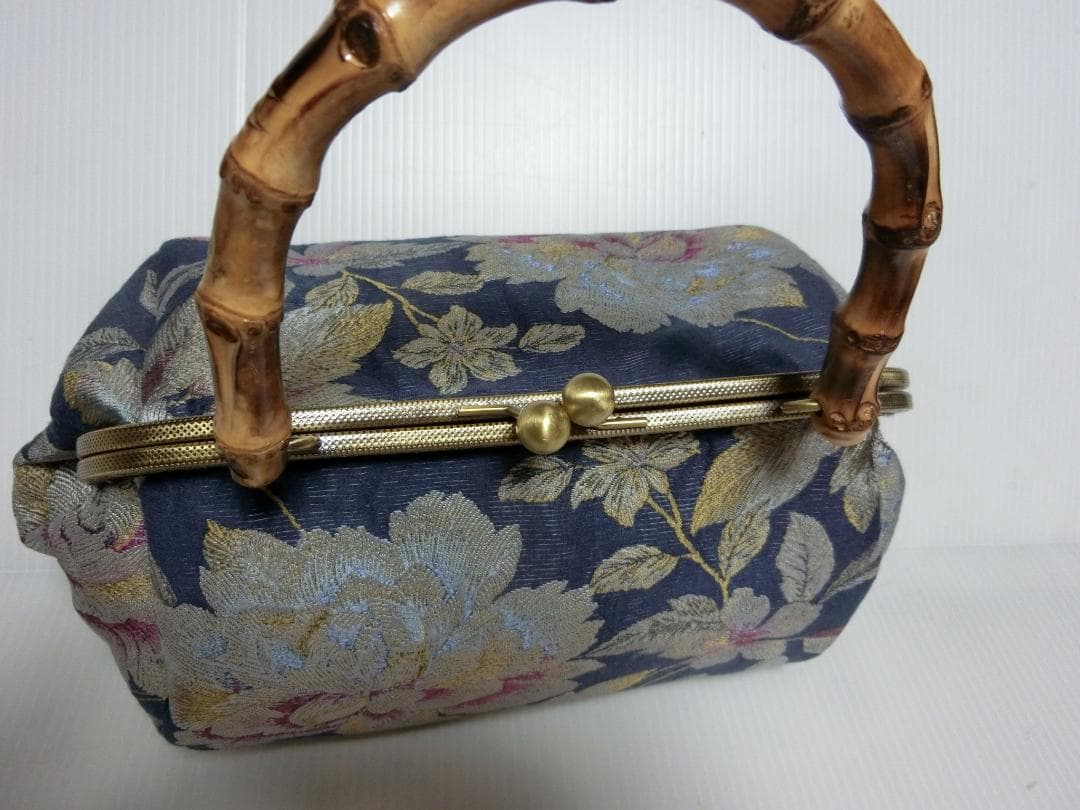 ハンドメイド 見事な織り模様 バンブー持ち手 ハンドバッグ