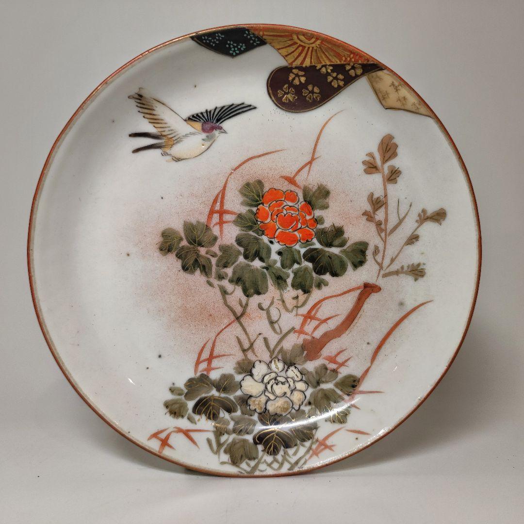明治大正期　九谷焼　細密花鳥文四寸皿　五客揃い