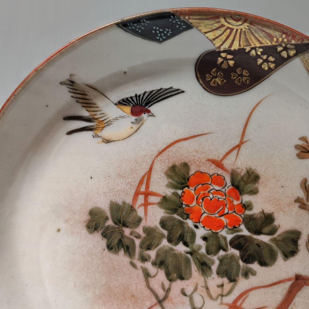 明治大正期　九谷焼　細密花鳥文四寸皿　五客揃い