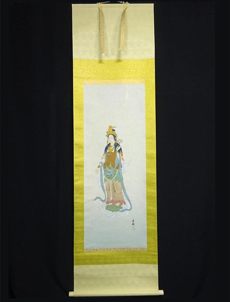 掛軸 星観『雲上観音』仏画 絹本 肉筆 共箱付 掛け軸 a12198