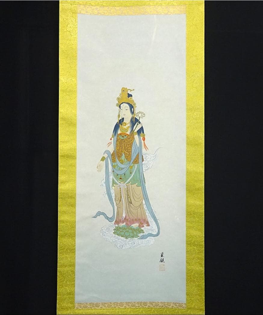 掛軸 星観『雲上観音』仏画 絹本 肉筆 共箱付 掛け軸 a12198