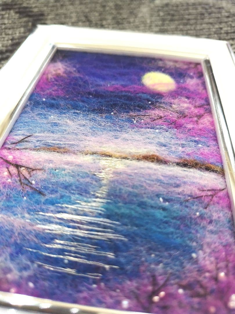 羊毛フェルト　ハンドメイド　フレーム　刺繍　絵画　桜月夜