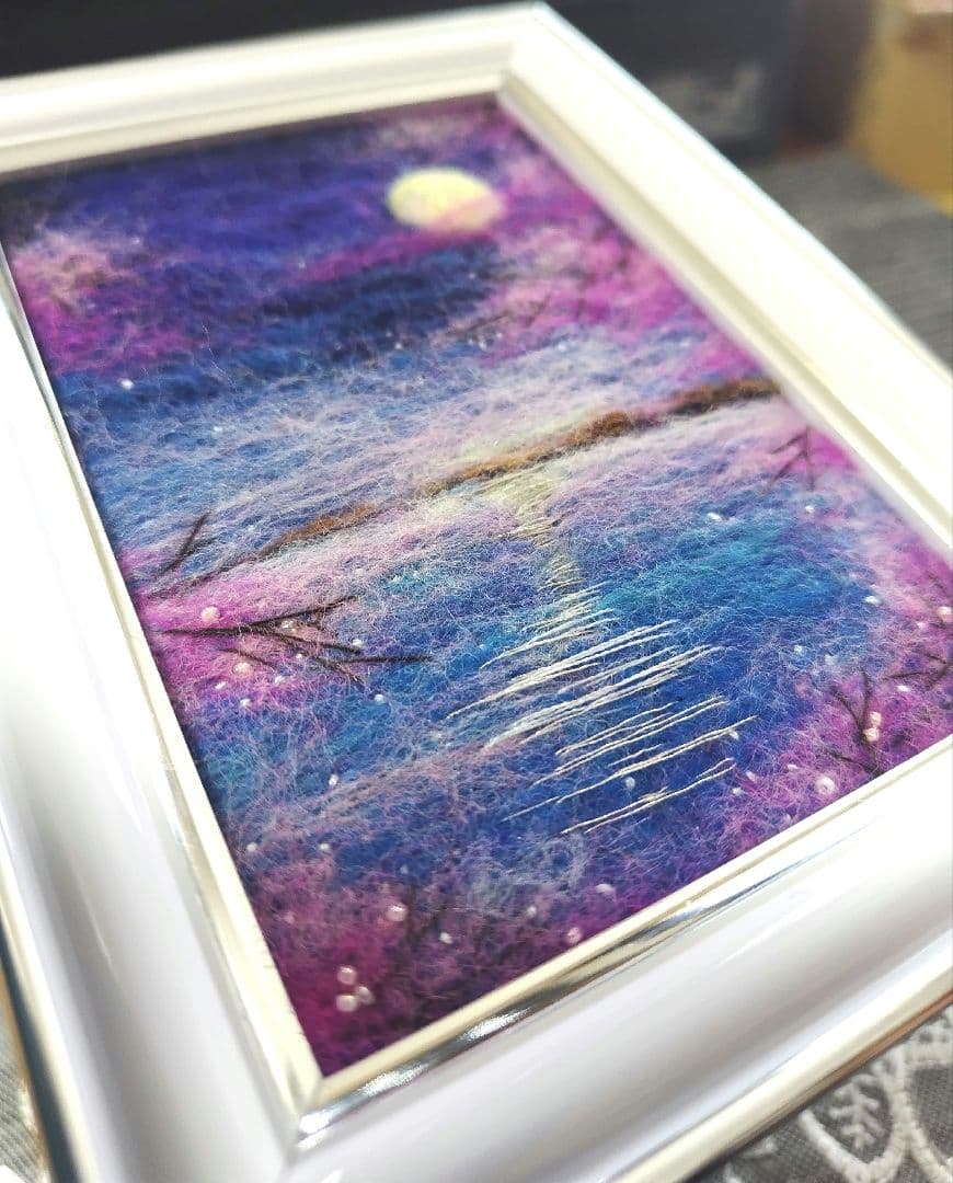 羊毛フェルト　ハンドメイド　フレーム　刺繍　絵画　桜月夜