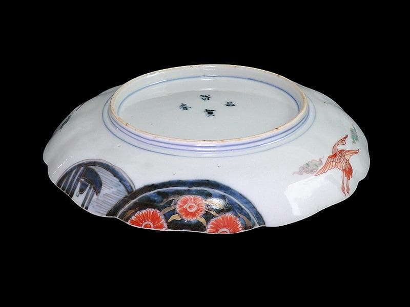 古伊万里　金襴手　色絵　鶴に菊　赤壁の賦図　８寸皿　C719AS-CZs