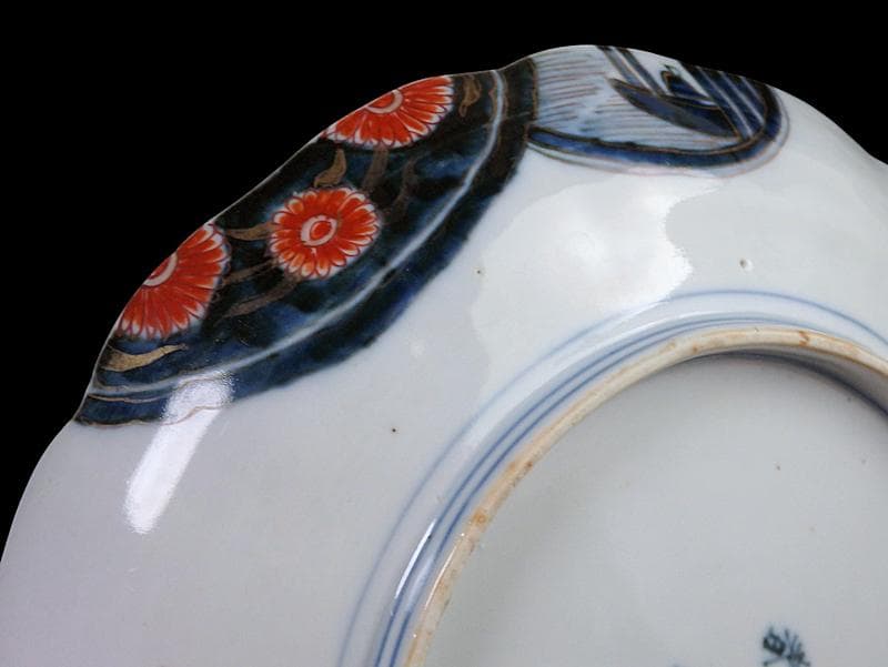 古伊万里　金襴手　色絵　鶴に菊　赤壁の賦図　８寸皿　C719AS-CZs