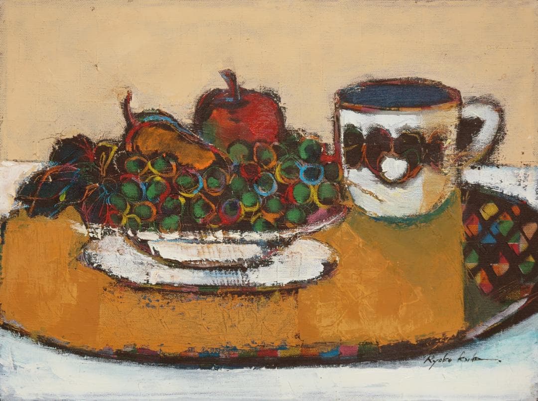 油絵菅家令子絵 絵画インテリア額付(青緑＋金色の枠)uF6-061204フルーツ