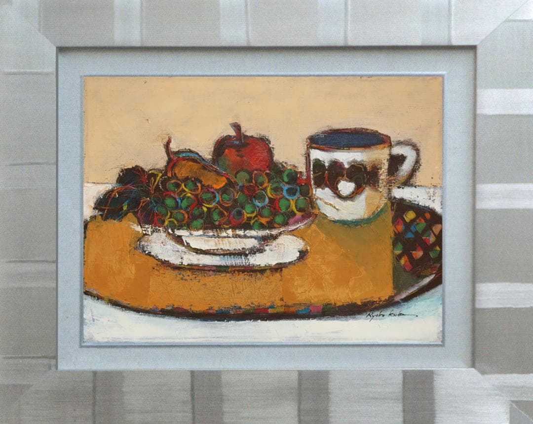 油絵菅家令子絵 絵画インテリア額付(青緑＋金色の枠)uF6-061204フルーツ