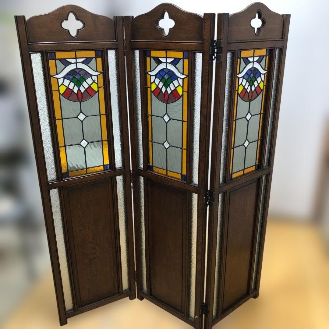 オーク ステンドグラス スクリーン 3連パーテーション 衝立 112974-1