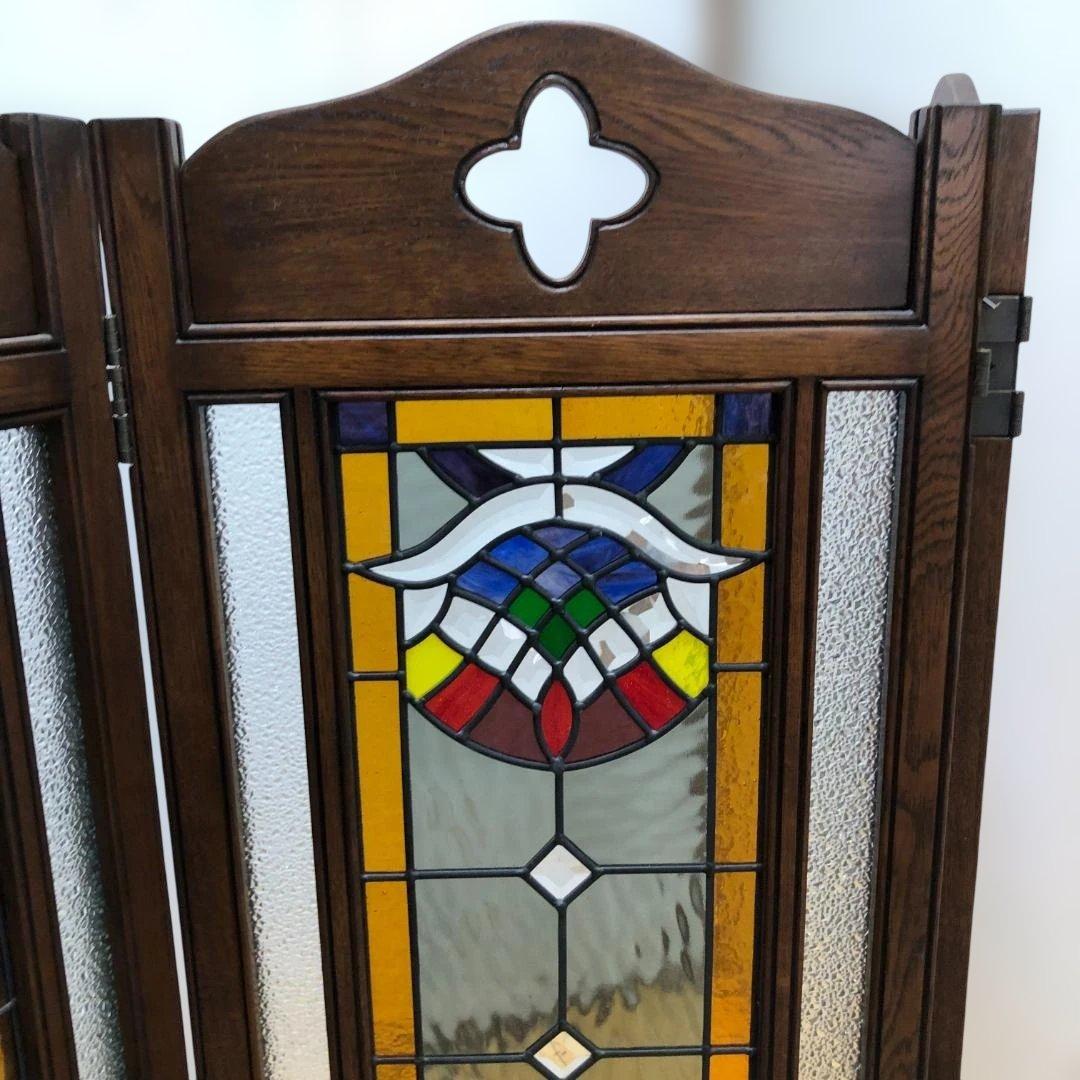 オーク ステンドグラス スクリーン 3連パーテーション 衝立 112974-1