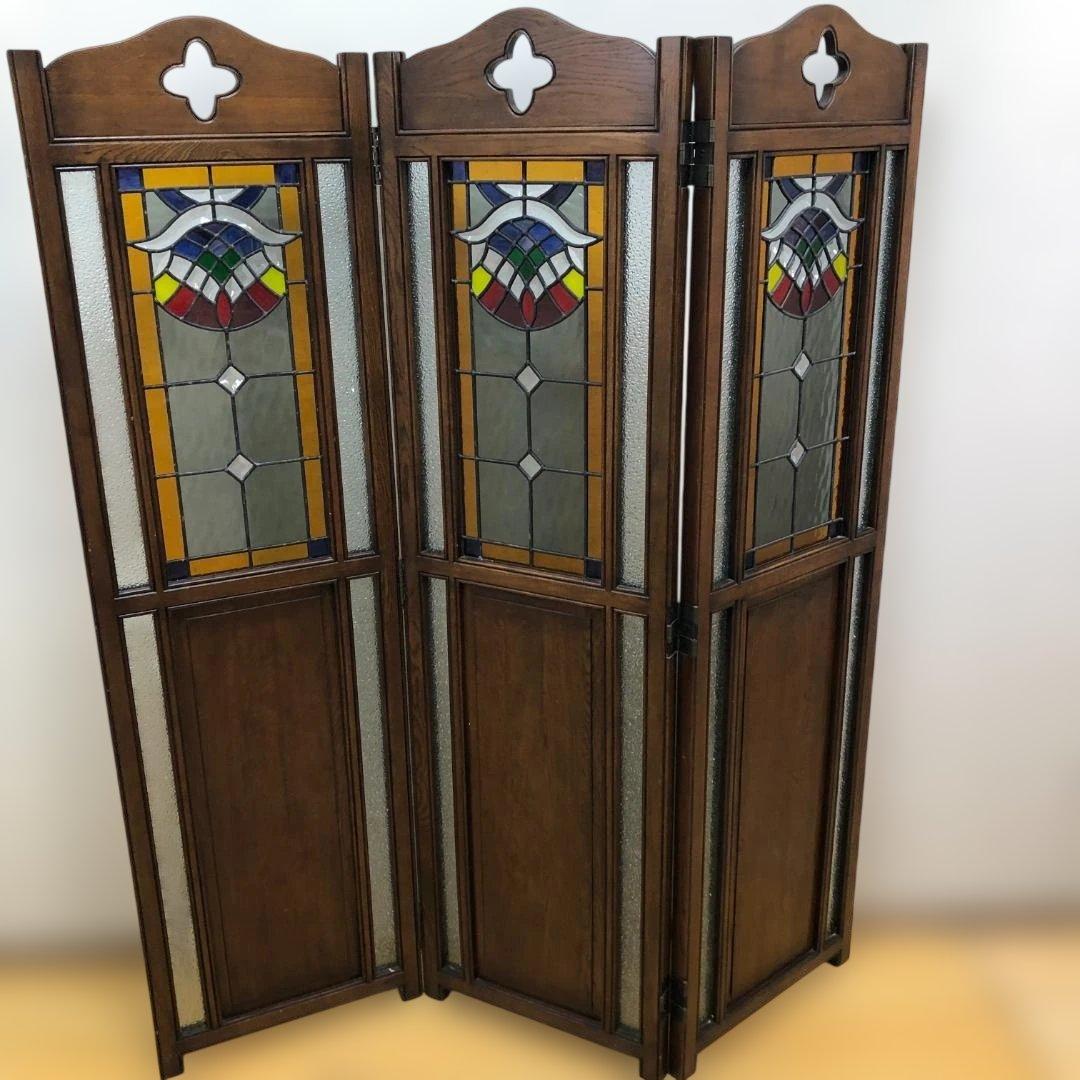 オーク ステンドグラス スクリーン 3連パーテーション 衝立 112974-1