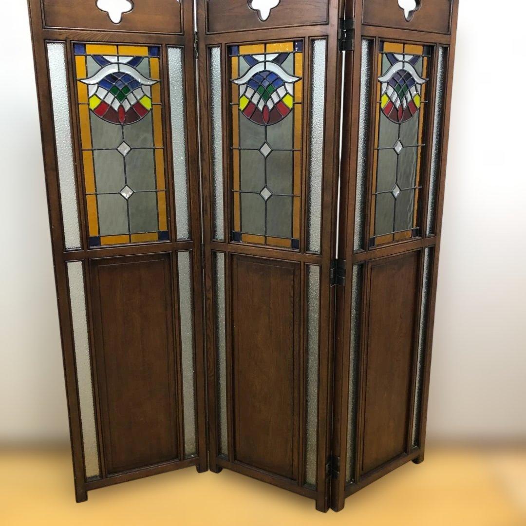 オーク ステンドグラス スクリーン 3連パーテーション 衝立 112974-1