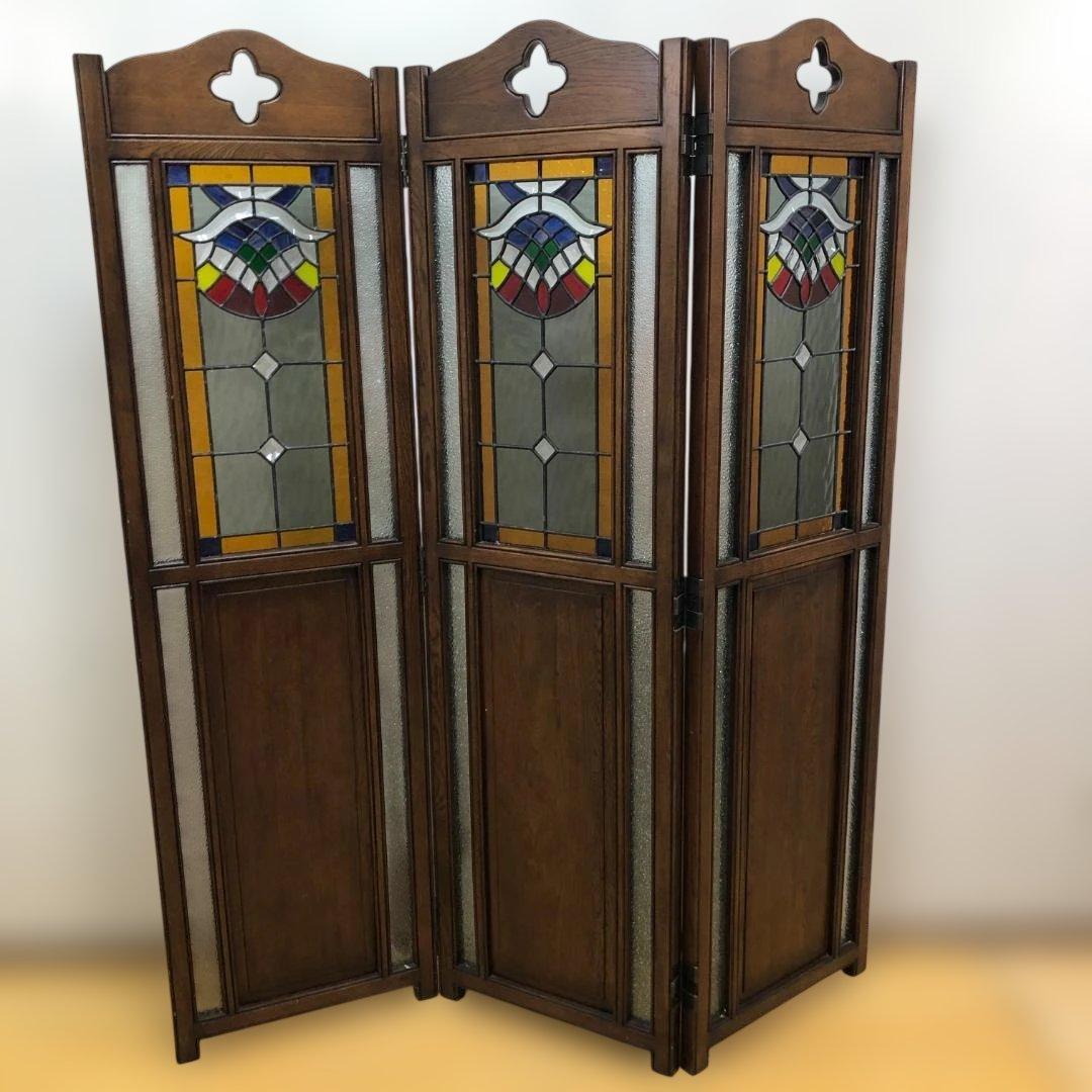 オーク ステンドグラス スクリーン 3連パーテーション 衝立 112974-1
