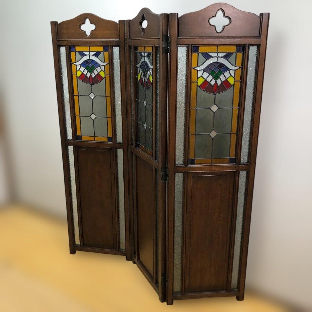オーク ステンドグラス スクリーン 3連パーテーション 衝立 112974-1