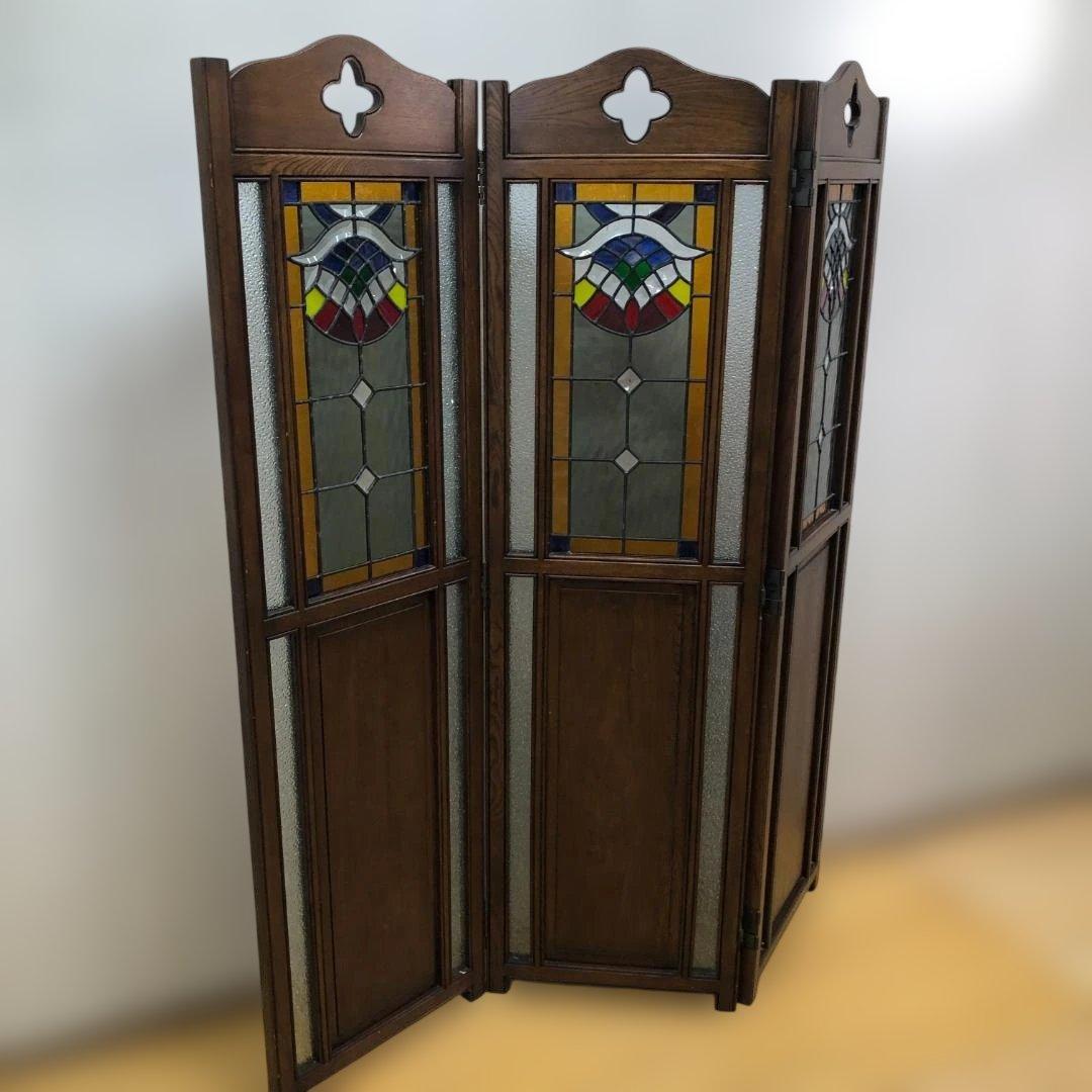 オーク ステンドグラス スクリーン 3連パーテーション 衝立 112974-1