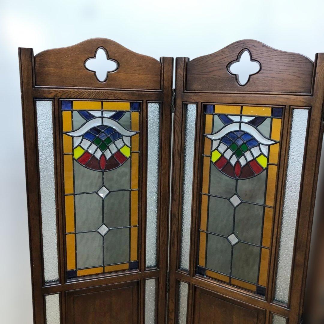 オーク ステンドグラス スクリーン 3連パーテーション 衝立 112974-1