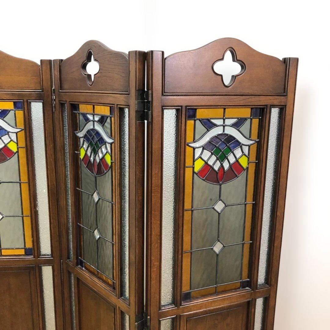 オーク ステンドグラス スクリーン 3連パーテーション 衝立 112974-1