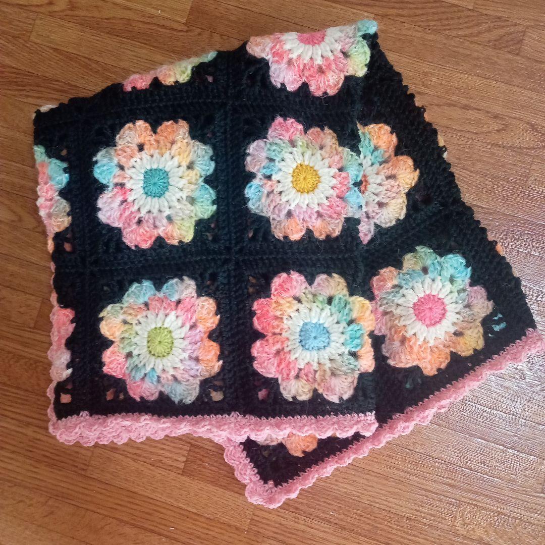 ハンドメイド、手編み、ウールブランケット✿フラワーガーデン✿ステンドグラス✿