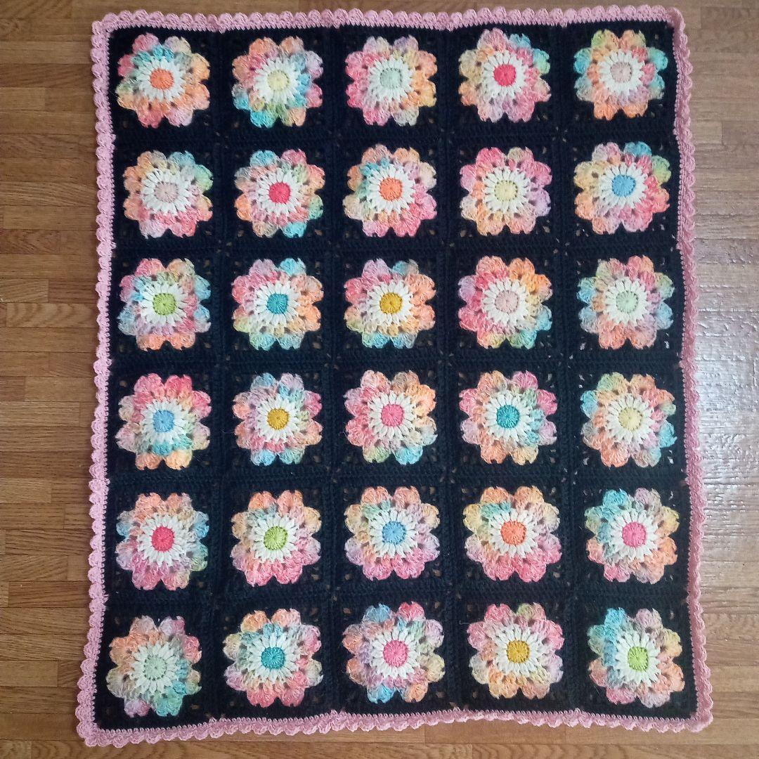 ハンドメイド、手編み、ウールブランケット✿フラワーガーデン✿ステンドグラス✿