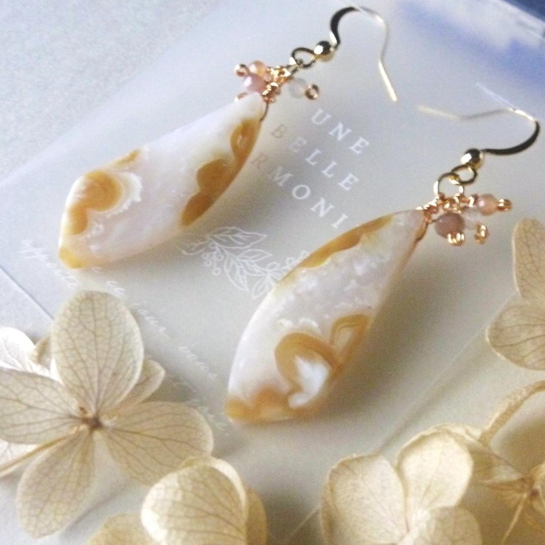 14kgf天然石ホワイトプルームアゲートドゥルージーとマルチムーンストーンピアス