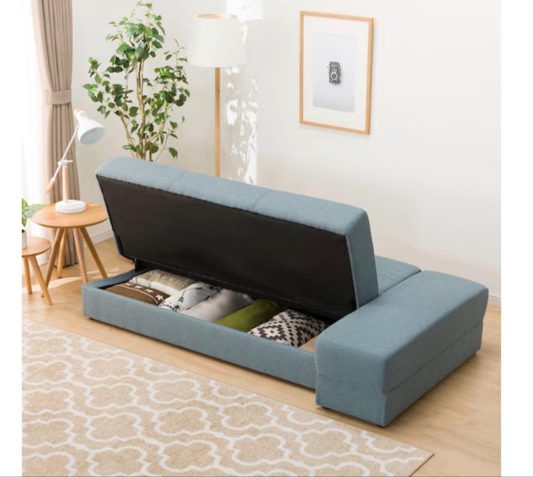 ライトブルー カウチソファ 収納付き