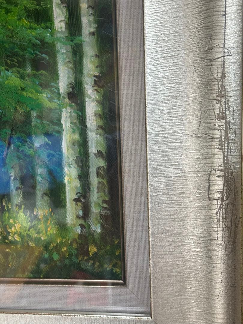 お勧め　油彩　肉筆　秋の森林白樺風景画　大型横長額縁　紅葉　インテリア　ア-ト