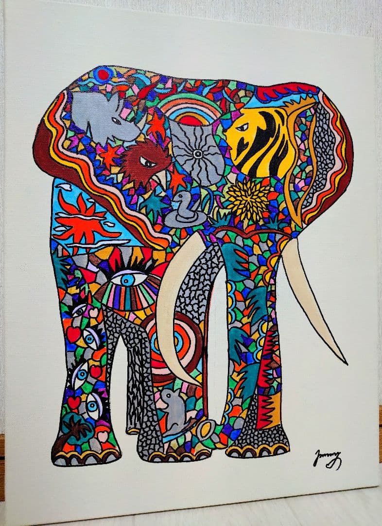 【F6号】ジミー大西【アフリカ】手描き作品/サイン有/油彩/アクリル/絵画/額縁